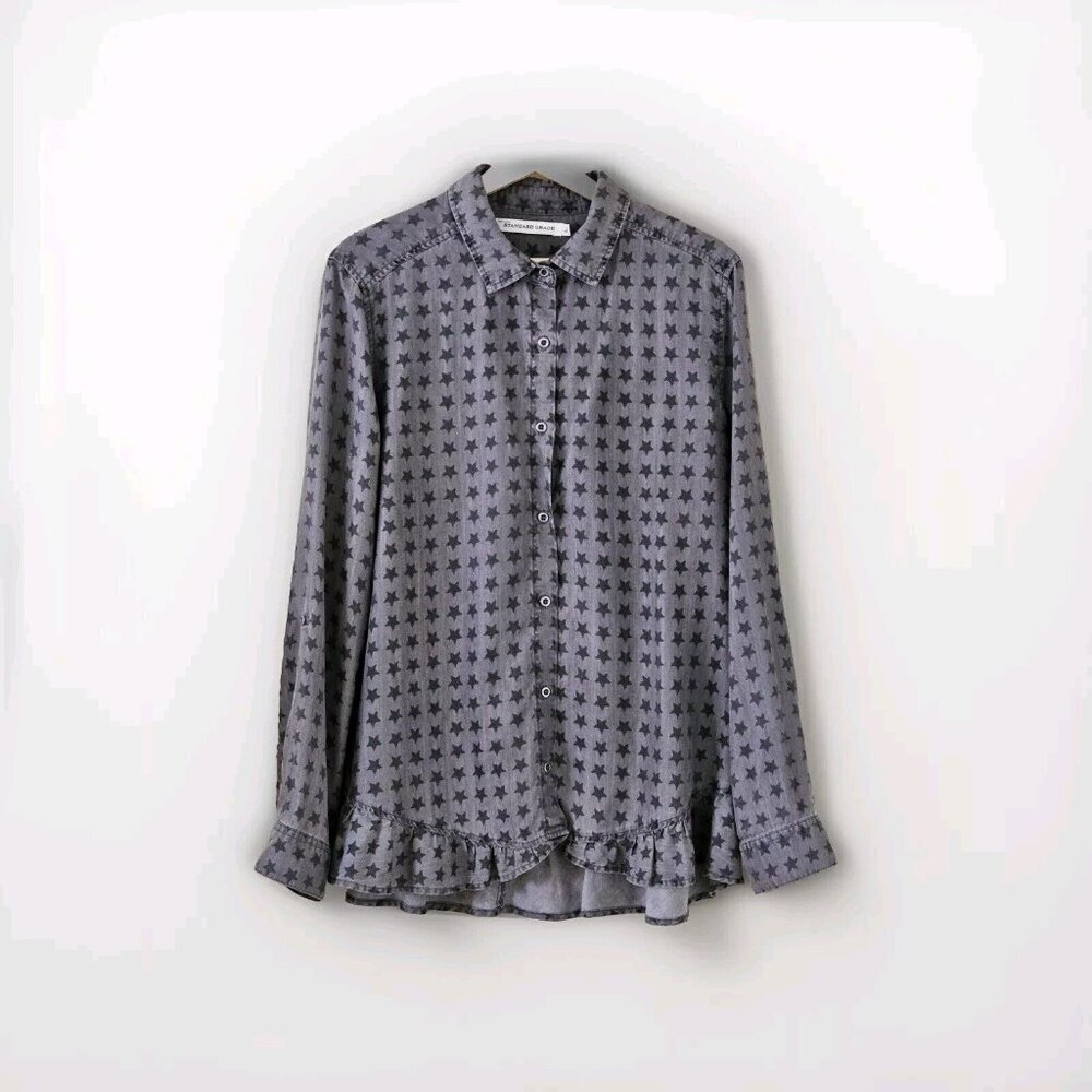 Standard Grace Chambray Top Womens L Gray Fairy Grunge LS Roll Up Tab Whimsigoth